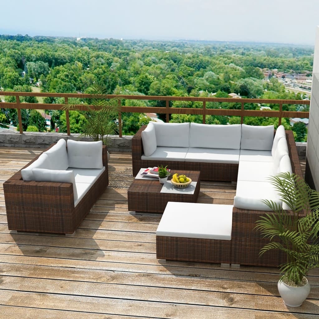 10 Piece Patio Lounge Set with Cushions Poly Rattan Brown