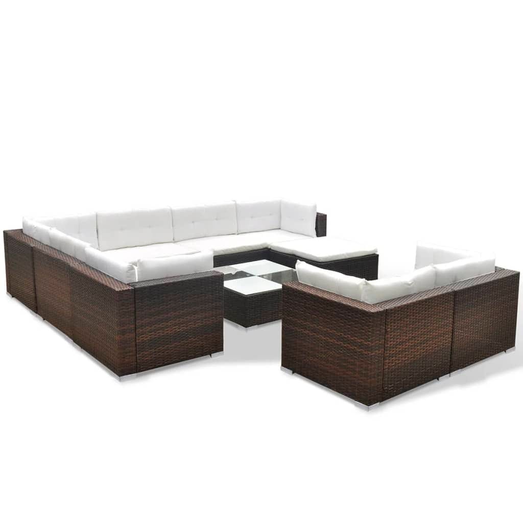 10 Piece Patio Lounge Set with Cushions Poly Rattan Brown - Image 3