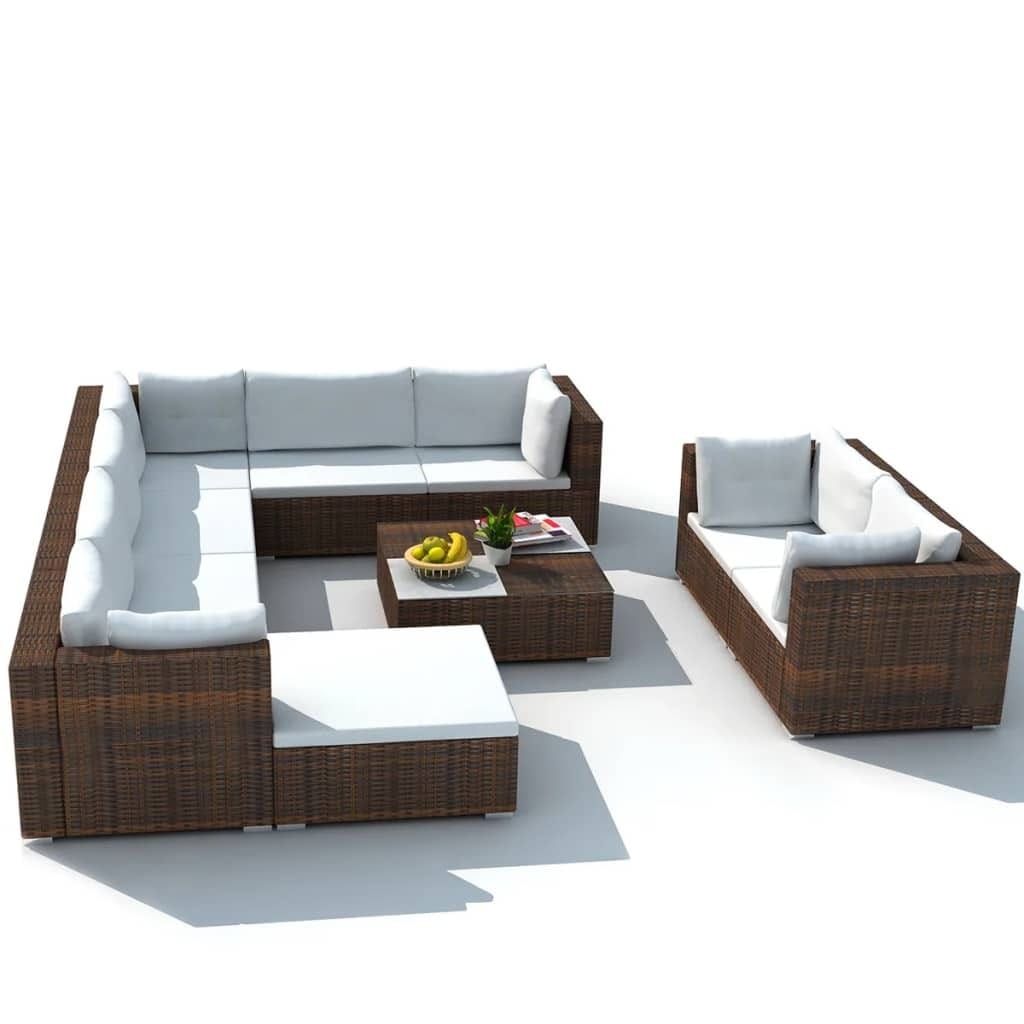 10 Piece Patio Lounge Set with Cushions Poly Rattan Brown - Image 4