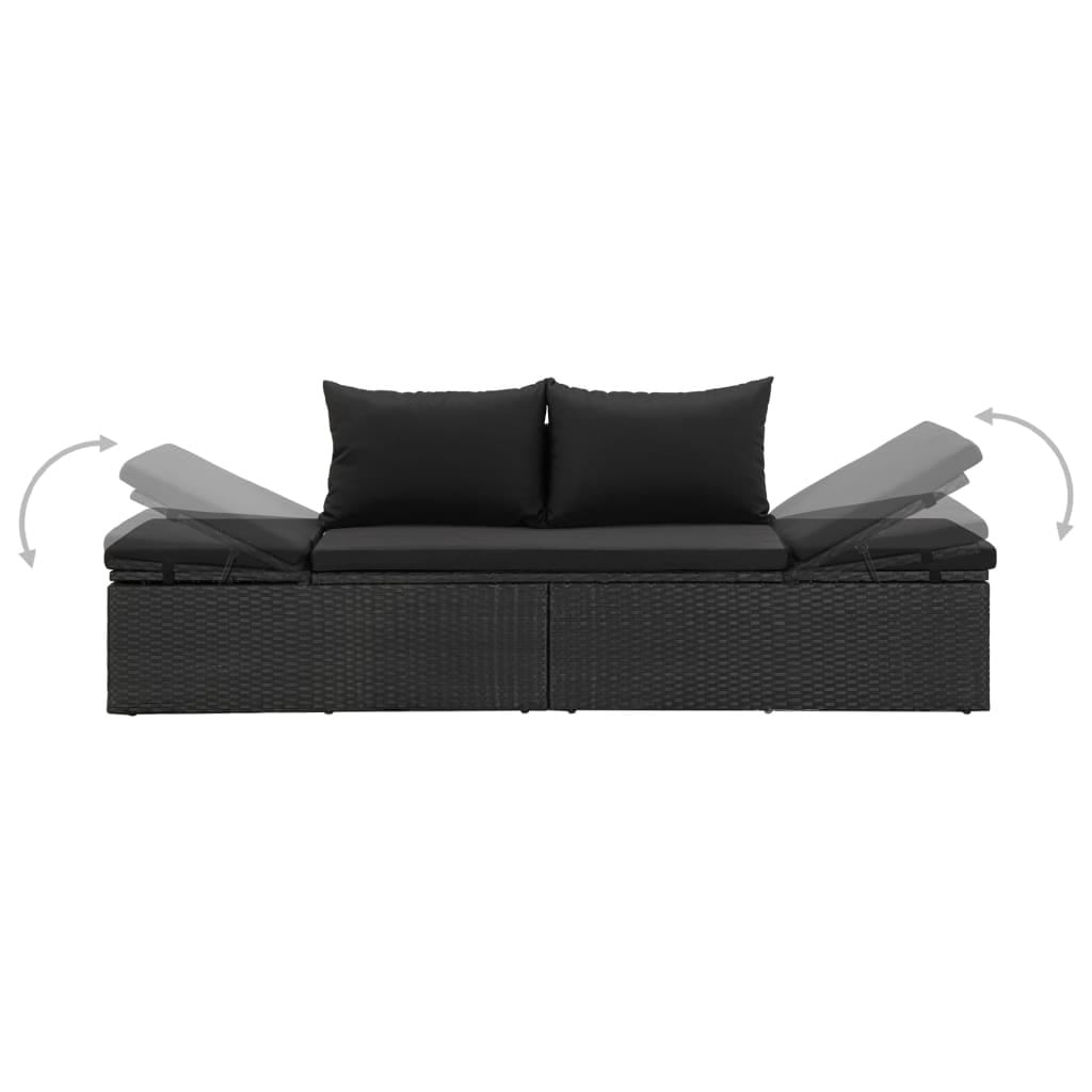 Sun Bed with Cushions Poly Rattan Black - Image 4