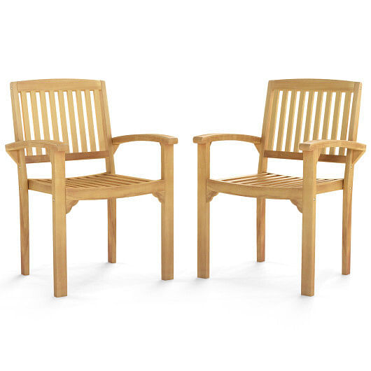 Set of 2 Outdoor Patio Chair with Slatted Seat and Curved Seat