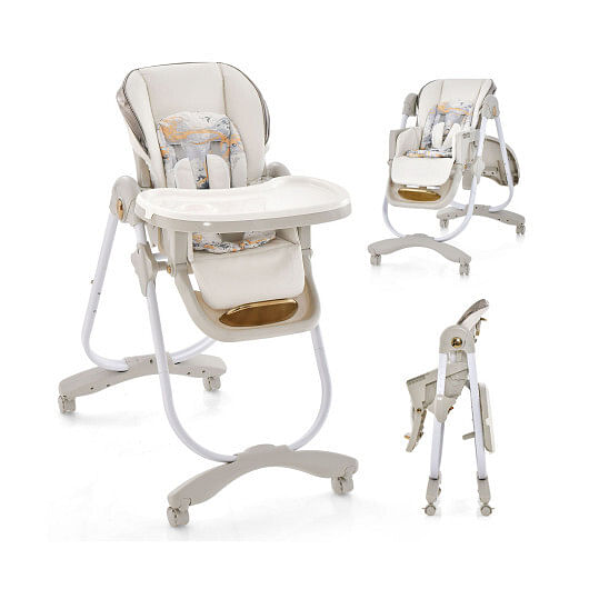 Folding Baby Dining High Chair with Adjustable Height and Recline-Gray