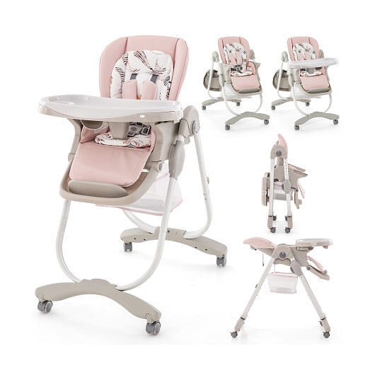 Multifunctional Folding Baby High Chair with Rolling Wheels and Adjustable Height-White