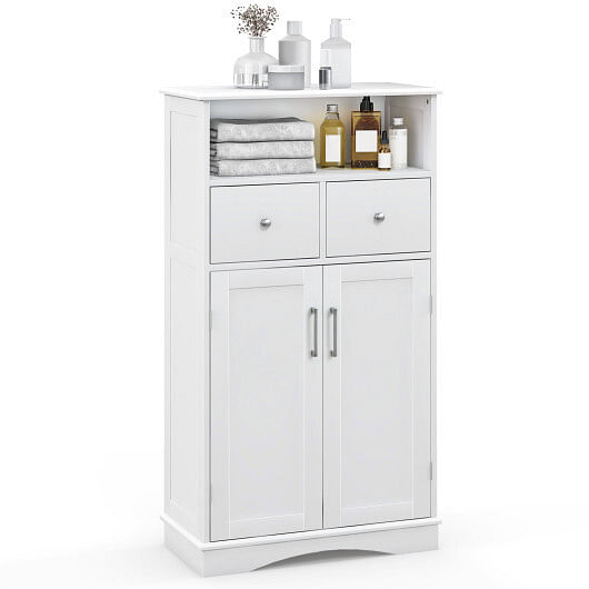 2 Doors Freeestanding Bathroom Floor Cabinet with 2 Drawers and Adjustable Shelves-White