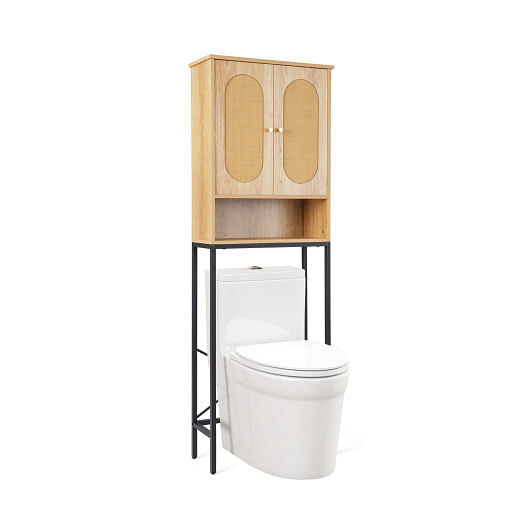 Over The Toilet Storage Cabinet with Rattan Doors and Shelves-Natural