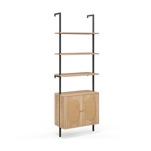 71 Inch 6-Tier Wall Mounted Ladder Bookshelf with Rattan Cabinet-Natural