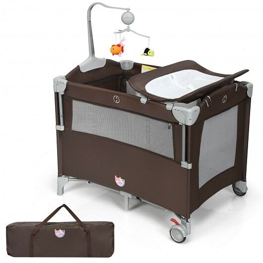 5-in-1 Portable Baby Beside Sleeper Bassinet Crib Playard with Diaper Changer-Gray