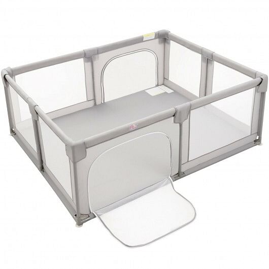 75 x 59 Inch Large Baby Playpen with Breathable Mesh and Zipper Doors-Gray