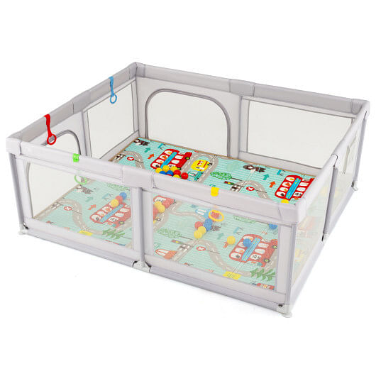 Baby Playpen with Mat and Breathable Mesh-Gray