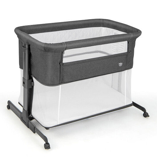 3-in-1 Foldable Baby Bedside Sleeper  with Mattress and 5 Adjustable Heights-Dark Gray