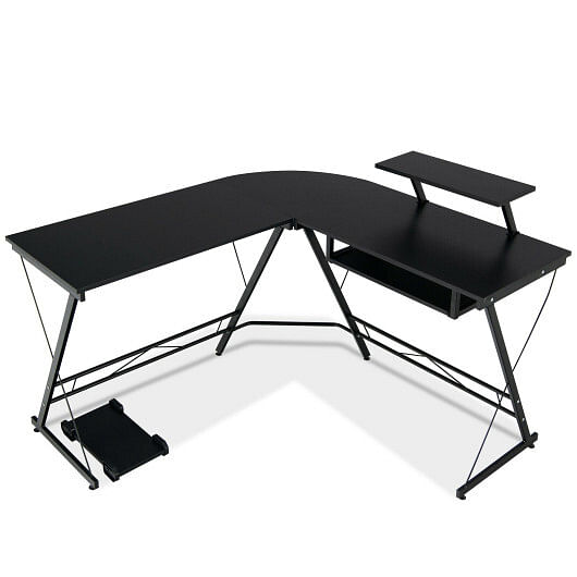 L Shaped Computer Desk Home Office Workstation with Movable Monitor Stand-Black