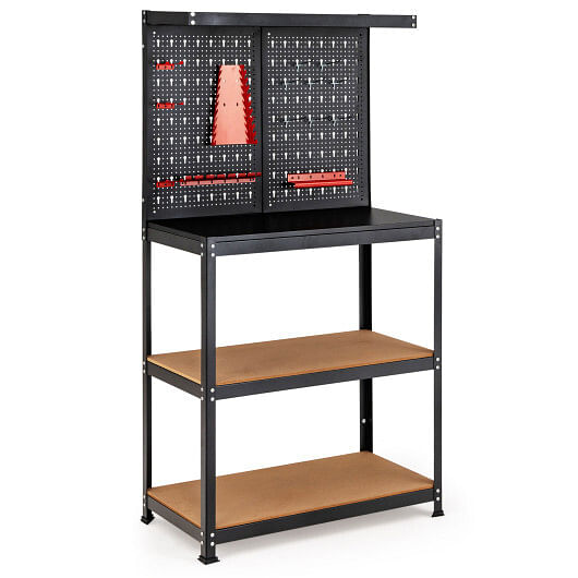 Tool Storage Workbench with Peg Board 2 Lower Shelves 14 Hanging Accessories-Black