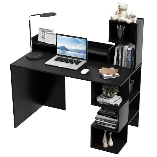 Modern Computer Desk with Storage Bookshelf and Hutch for Home Office-White