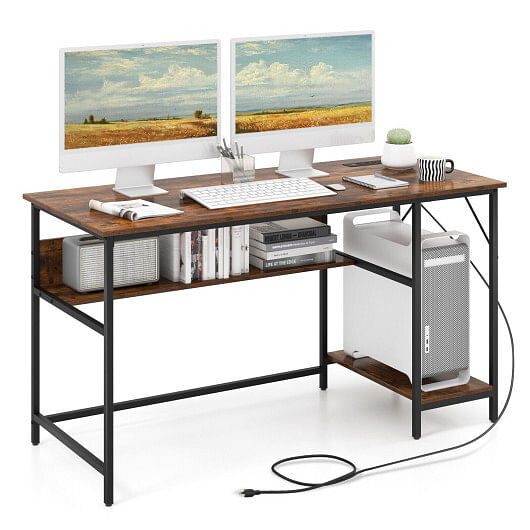 55 Inches Computer Desk with Charging Station-Brown