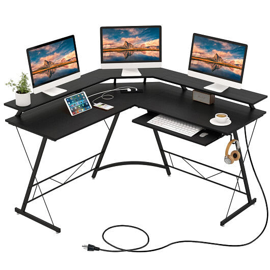 L-shaped Computer Desk with Power Outlet and Monitor Stand-Black