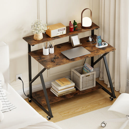 Rolling Computer Desk with Charging Station and Monitor Shelf Storage for Home Office-Rustic Brown - Image 2