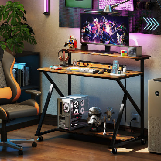 Rolling Computer Desk with Charging Station and Monitor Shelf Storage for Home Office-Rustic Brown - Image 3