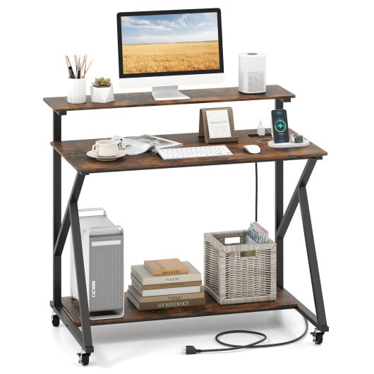 Rolling Computer Desk with Charging Station and Monitor Shelf Storage for Home Office-Rustic Brown - Image 4