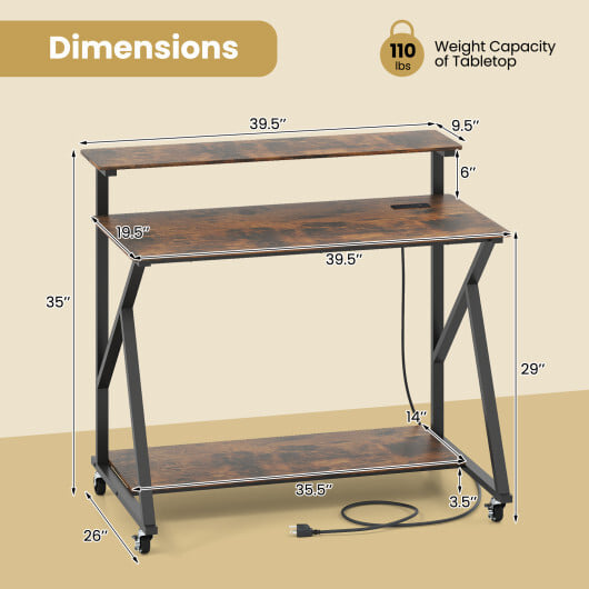 Rolling Computer Desk with Charging Station and Monitor Shelf Storage for Home Office-Rustic Brown - Image 5