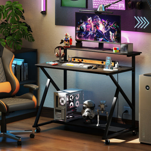 Rolling Computer Desk with Charging Station and Monitor Shelf Storage for Home Office-Rustic Brown - Image 7