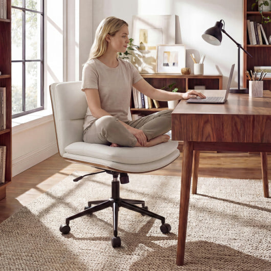 Armless Office Chair with Curved Backrest and Padded Seat-White - Image 2