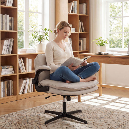 Criss Cross Chair with Flip-up Arms Ergonomic Office Desk Chair with Adjustable Height Wide Backrest Padded Seat-Beige - Image 2