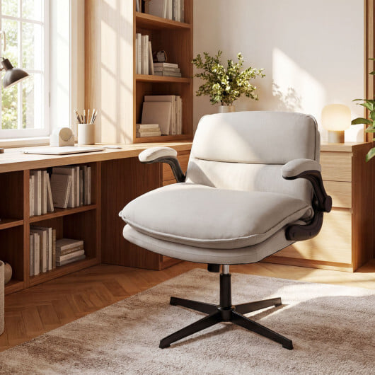 Criss Cross Chair with Flip-up Arms Ergonomic Office Desk Chair with Adjustable Height Wide Backrest Padded Seat-Beige - Image 3