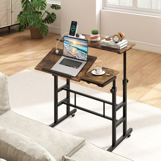 Height Adjustable Mobile Standing Desk with Power Outlets and Portable Rolling Laptop Cart on Wheels-Rustic Brown - Image 2