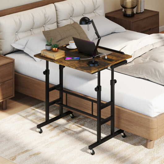 Height Adjustable Mobile Standing Desk with Power Outlets and Portable Rolling Laptop Cart on Wheels-Rustic Brown - Image 3