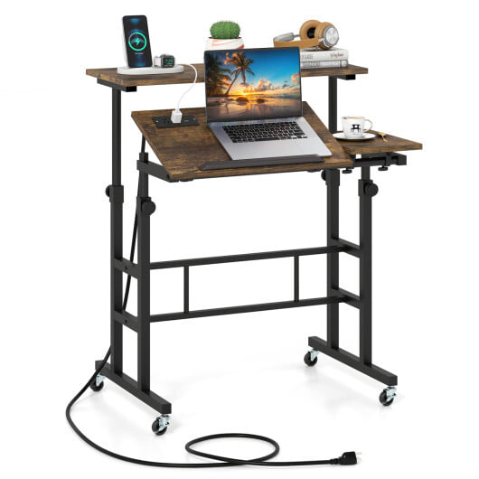 Height Adjustable Mobile Standing Desk with Power Outlets and Portable Rolling Laptop Cart on Wheels-Rustic Brown - Image 4