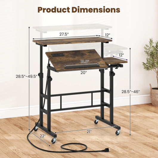 Height Adjustable Mobile Standing Desk with Power Outlets and Portable Rolling Laptop Cart on Wheels-Rustic Brown - Image 5