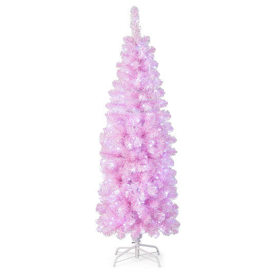 5/6/7 FT Pre-lit Artificial Christmas Tree with Branch Tips LED Lights Metal Stand-7ft