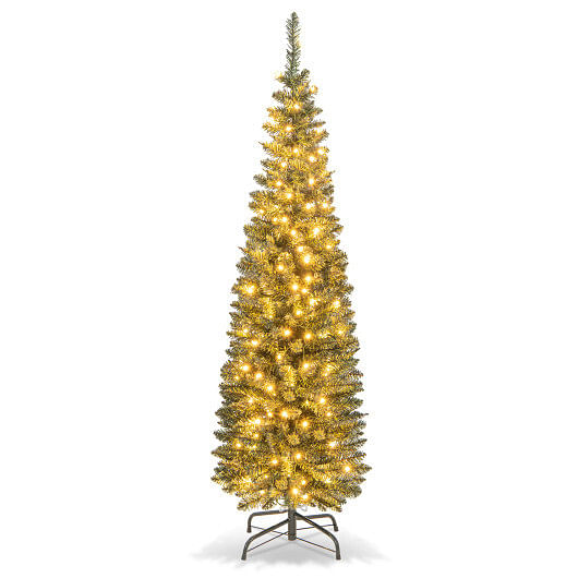 5/6/7/8/9 Feet Pre-lit Pencil Artificial Christmas Tree with 150/180/200//300/400 Warm White LED Lights-8 ft