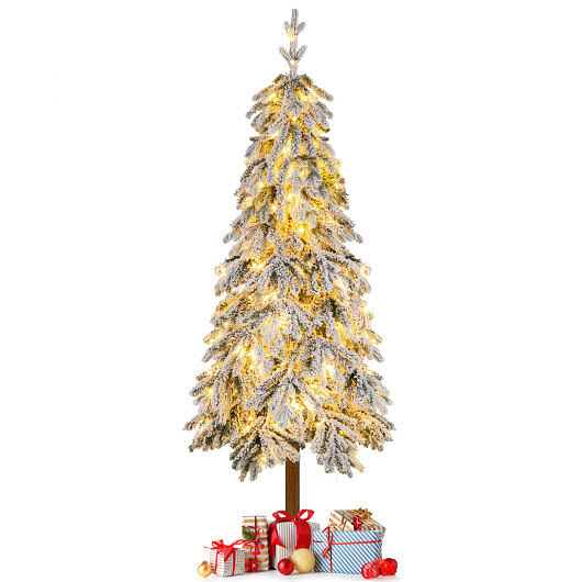 6 Feet Flocked Hinged Christmas Tree with 458 Branch Tips and Warm White LED Lights