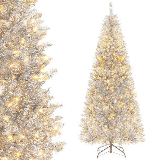 6/7 FT Pre-Lit Artificial Silver Tinsel Xmas Tree with 790 Branch Tips and 300 LED Lights-6 ft