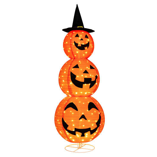 Light Up? Triple? Stacked Halloween Pumpkin Decoration with Hat