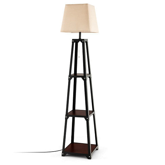 Trapezoidal Designed Floor Lamp with 3 Tiered Storage Shelf-Brown