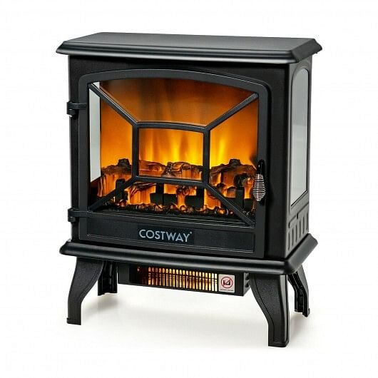 1400W Electric Stove Heater with 3-Level Flame Effect and 3-Sided View-Black
