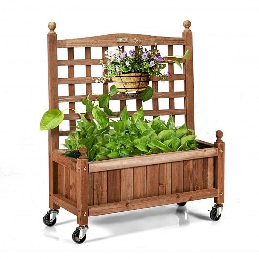 32in Wood Planter Box with Trellis Mobile Raised Bed for Climbing Plant