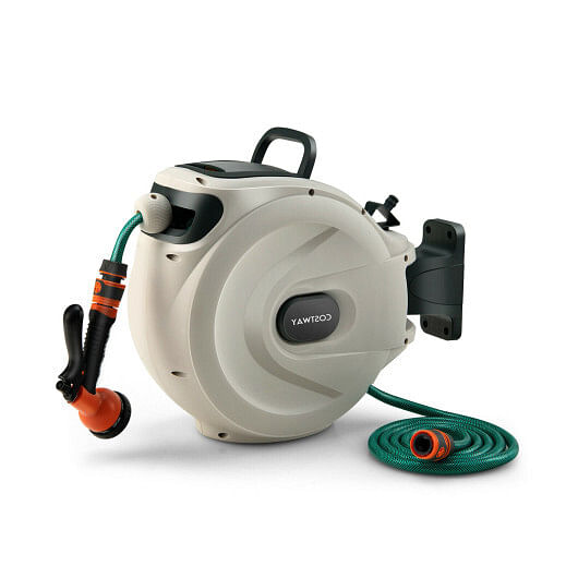 Wall Mounted Retractable Garden Hose Reel with Hose Nozzle