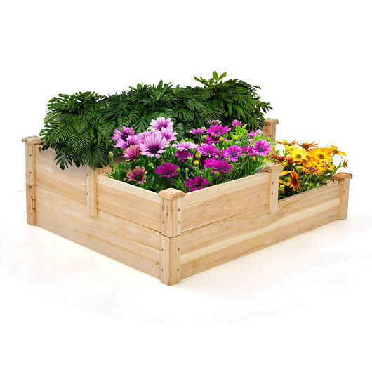 3-Tier Wooden Raised Garden Bed with Open-Ended Base-Natural