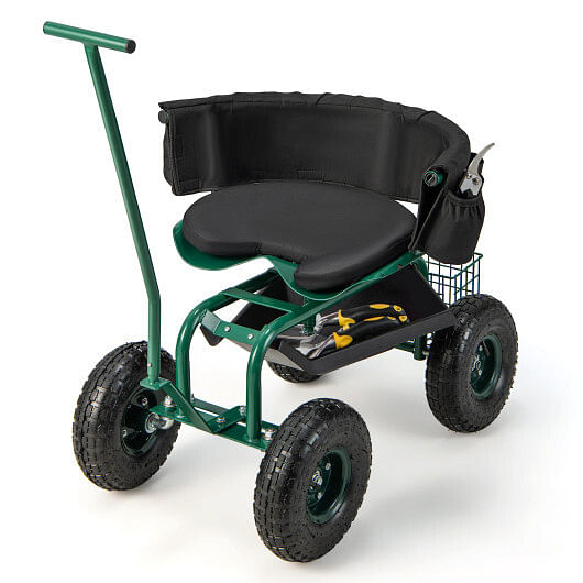 Rolling Garden Cart with Height Adjustable Swivel Seat and Storage Basket-Green