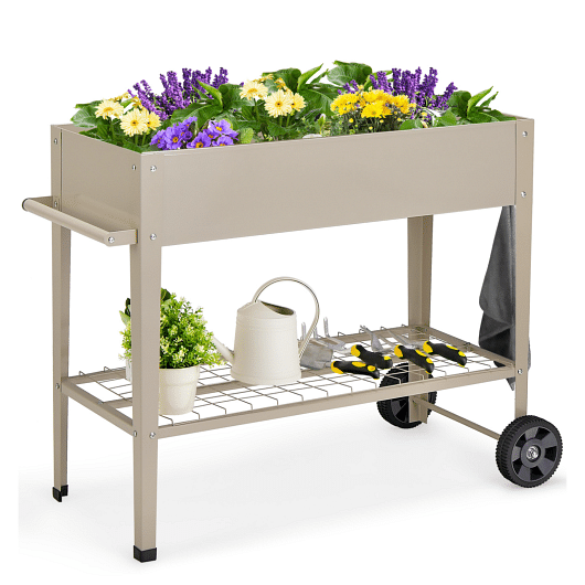 Metal Raised Garden Bed with Storage Shelf Hanging Hooks and Wheels-Light Brown