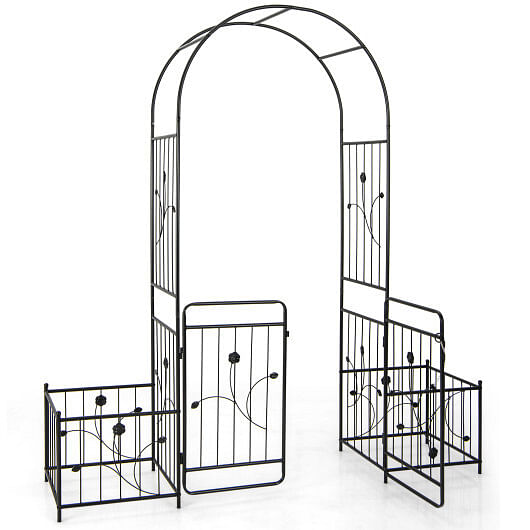 87 Inches Garden Arbor with Lockable Gate Side Planters-Black