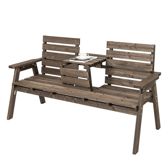 Outdoor Fir Wood Bench with Foldable Middle Table-Gray