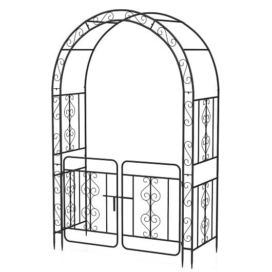 Garden Arbor with Gate with Multiple Side Crossbars and 4 Sharp Ground Stakes-Black