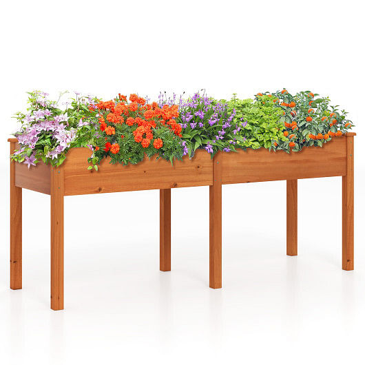 Fir Wood Outdoor Raised Garden Bed with Divider Panel and Drainage Holes-Yellow
