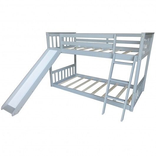 Twin over Twin Bunk Wooden Low Bed with Slide Ladder for Kids-Gray