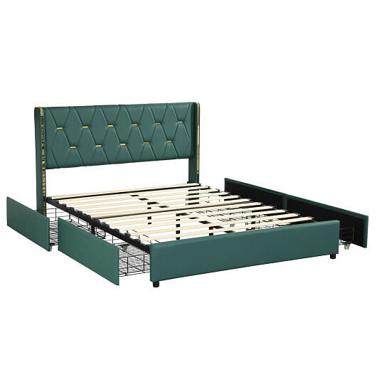 Full/Queen Size Upholstered Bed Frame with 4 Drawers-Green-Full Size