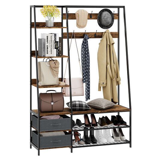 6-in-1 Freestanding Hall Tree Coat Rack with Bench and Fabric Dressers-Rustic Brown